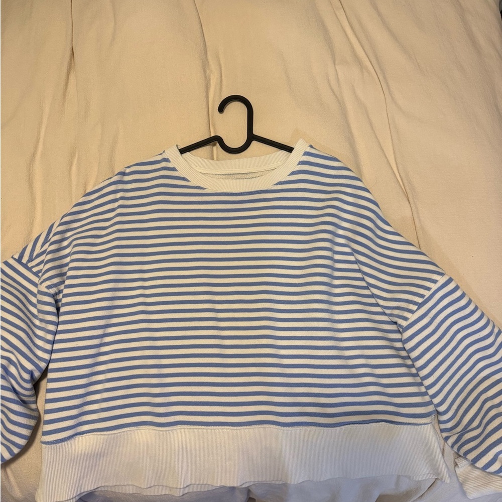 aerie White and Light Blue Striped Crewneck Sweater